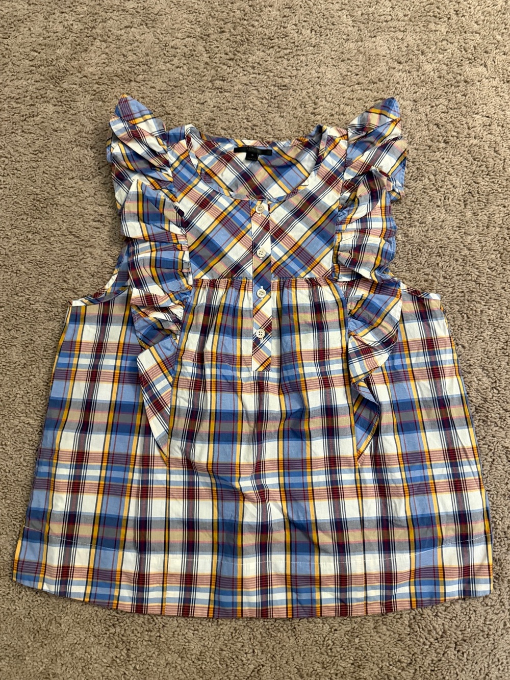 J. Crew Plaid Ruffle Tank Women size 4 Blue, Yellow White Sleeveless Retro Top